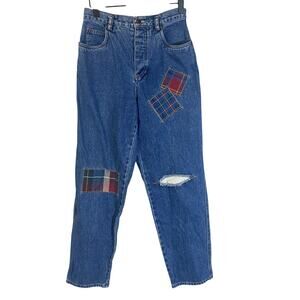 Vintage Liz Wear Patchwork Medium Wash Denim Mom Jeans High Waisted Sz 4 Petite
